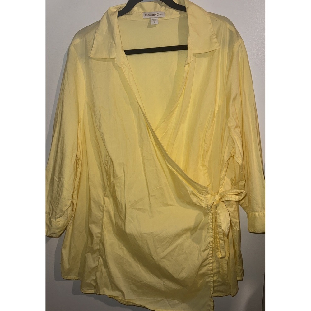 Coldwater Creek Plus Sz 3x 24 Yellow Poplin Wrap Top  3/4 Sleeve Preppy Career